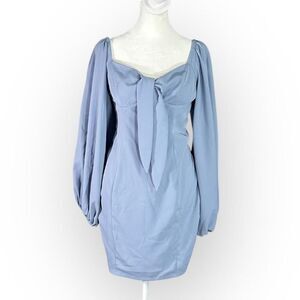 Princess Polly Mini Dress Women's 4 Blue Front Tie Smocked Balloon Long Sleeve